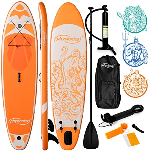 Physionics® Stand Up Paddle Board - 305/320/366cm Aufblasbar, Verstellbares Paddel, Handpumpe mit Druckmesser, Rucksack, Reparaturset, Farbwahl - SUP, Paddling Board, Surfboard