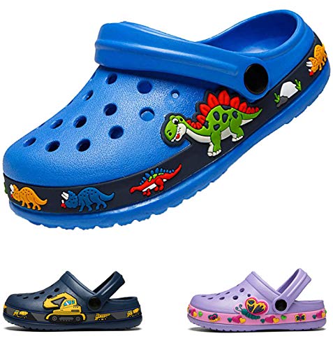 DRECAGE Unisex Kinder Clogs Pantoffeln Dinosaurier Gr.24-30 EU, Eva Gartenclogs Gummi Badeschuhe Hausschuhe für Jungen Mädchen 24 EU Blau