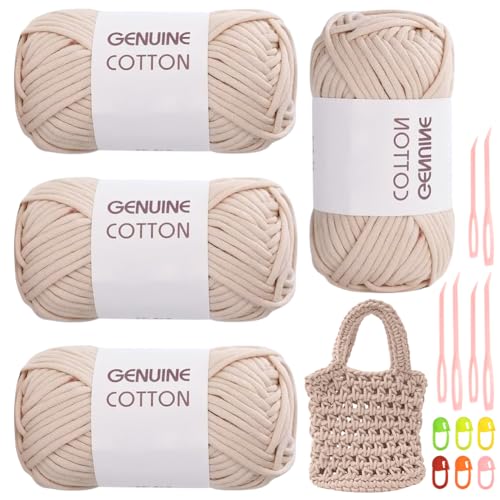 RANJIMA Beige Garn, 4 Stück Einfach Garn, Häkelgarn für Anfänger, Gut Sichtbare Maschen Garn Zum Häkeln mit Häkelzubehör, Baumwoll-Nylon-Garn für Kleidung, Decken, Taschen, Pullover