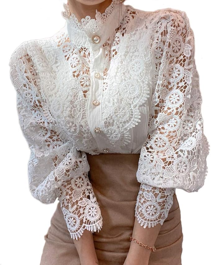 Victorian Blouses, Tops, Shirts, Vests, Sweaters Women’s Stand Collar Lace Patchwork Shirts Casual Hollow Out Flower Petal Sleeve Button Tops  Women’s Elegant Lace Trim Shirts Casual Victorian Blouse Long Sleeve Button Down Tops  AT vintagedancer.com