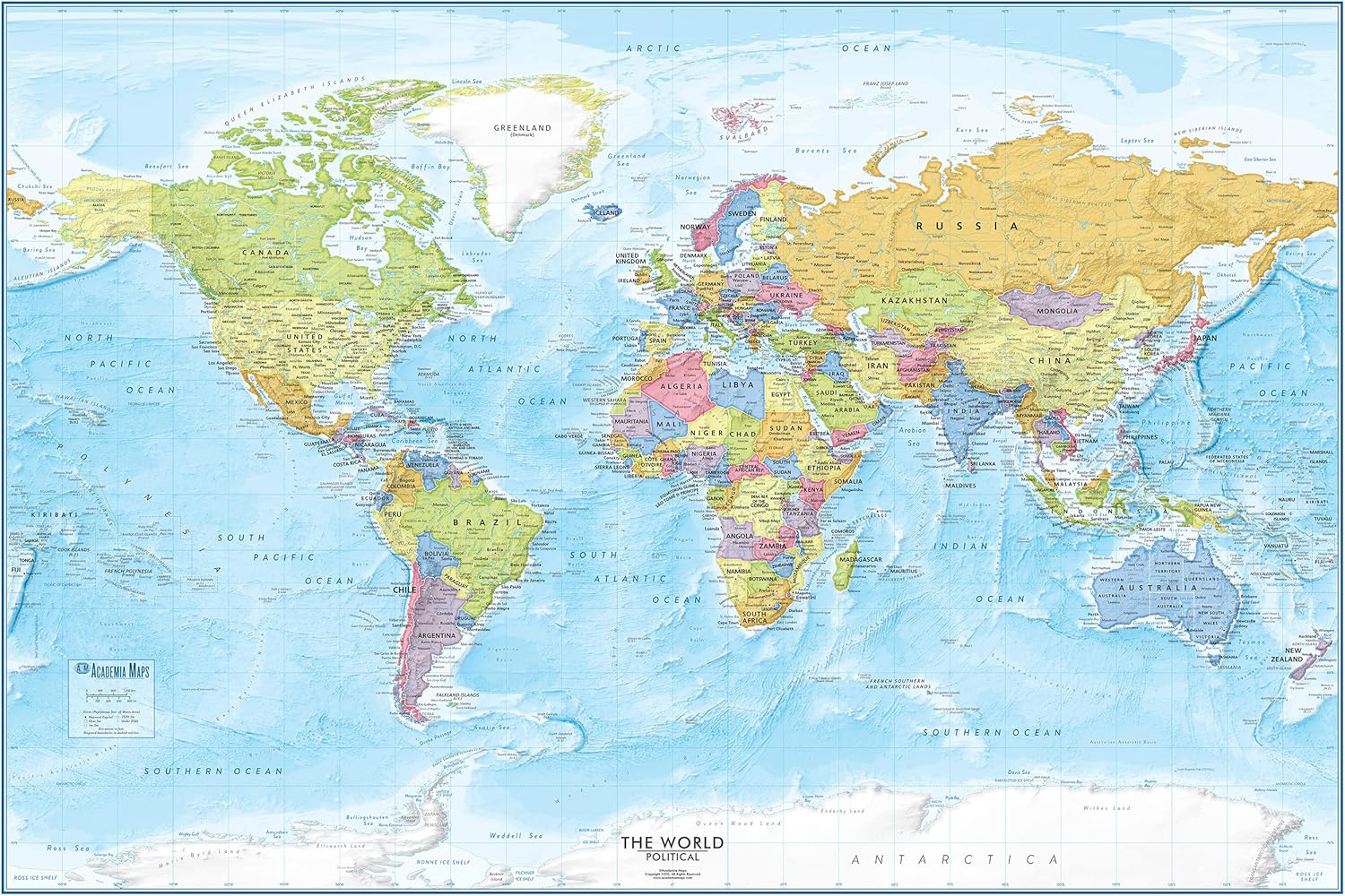 Large Blue Ocean World Wall Map | 36x24 - Detailed World Wall Map ...