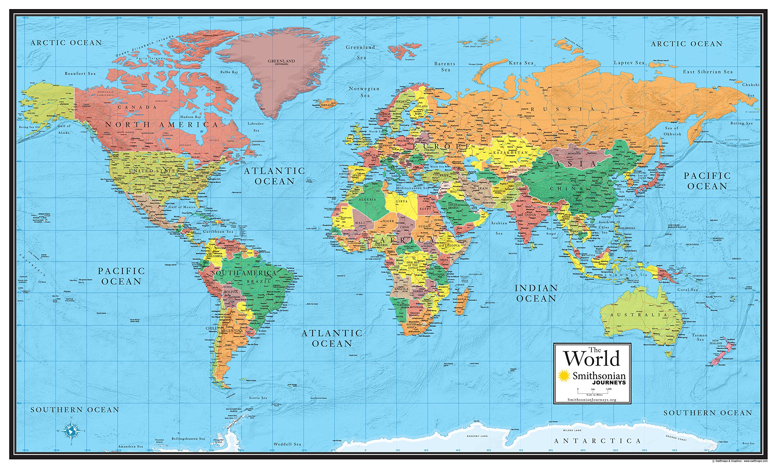 30x48 World Wall Map by Smithsonian Journeys - Blue Ocean Edition ...