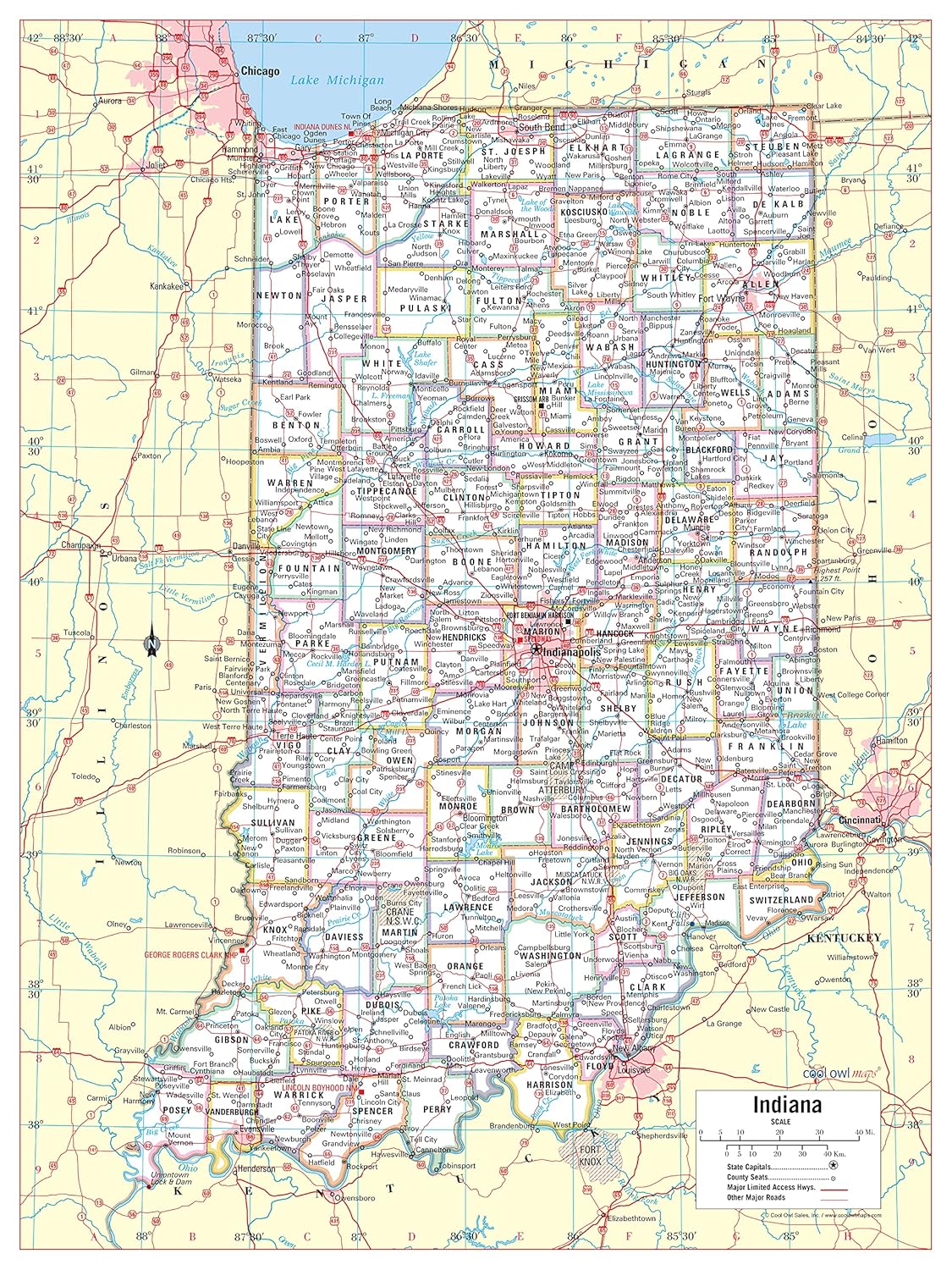 Indiana State wall map Large Print Poster 24