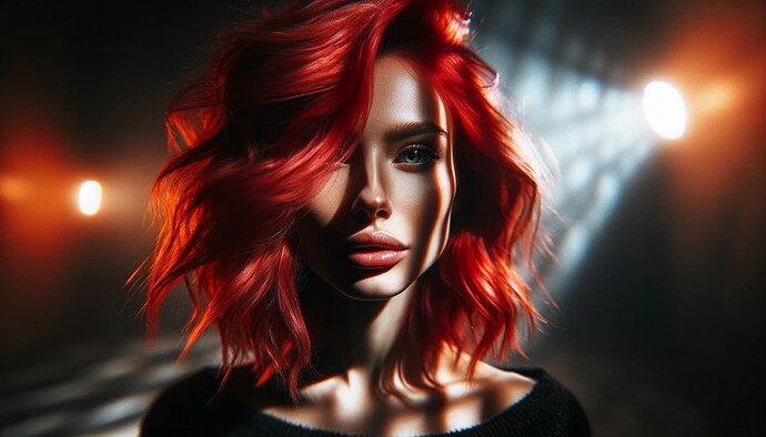 DALL·E 2023-11-29 13.37.51 - A portrait of a woman with red hair captured with a virtual 35mm lens effect, featuring dramatic lighting. The woman's hair is vividly colored in shad