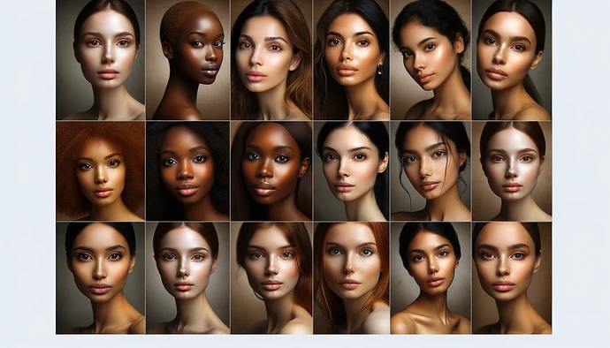 The image shows a collage of portraits representing a diverse array of women with varying skin tones, facial features, and hairstyles, highlighting human beauty in different forms. (Captioned by AI)