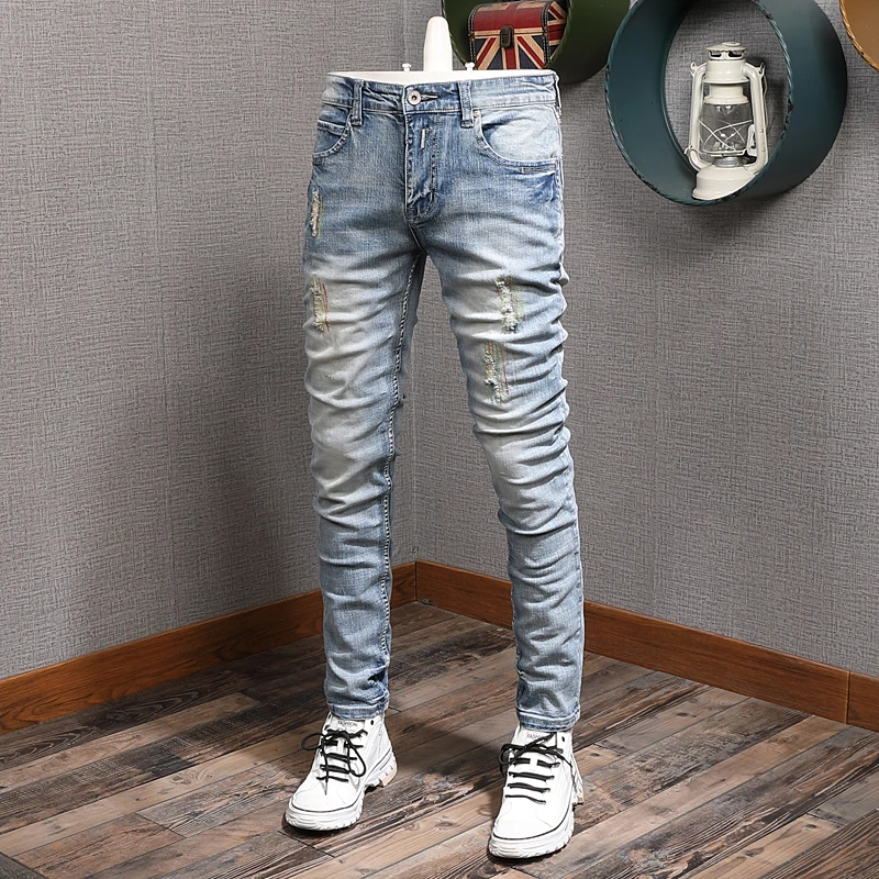 Mens Classic Vintage Light Blue Ripped Jeans Men Fashion Korean Style  Embroidery Straight Slim Fit Denim Pants|Jeans| - AliExpress