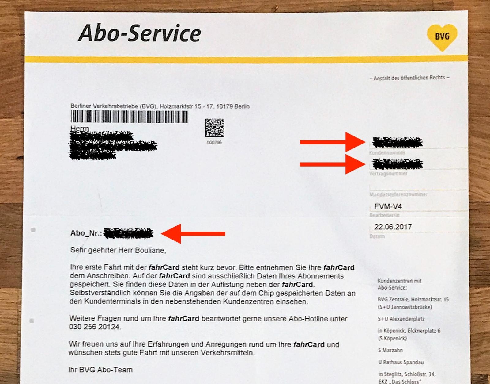 The BVG Kundennummer on a BVG letter