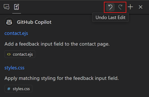 Screenshot showing the Copilot Edits view, highlighting the Undo and Redo actions in the view title bar.