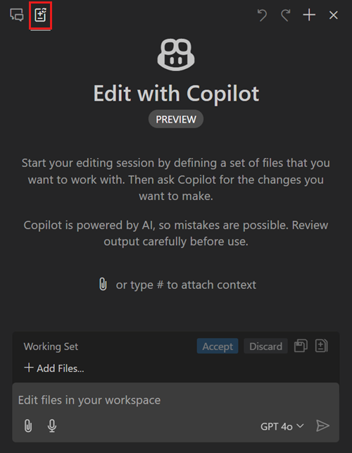 Screenshot showing the Copilot Edits view and welcome message.