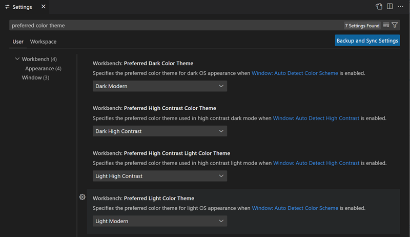 Settings editor filtered on the preferred color themes settings