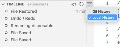 Timeline filter drop down with Git History unchecked and Local History checked