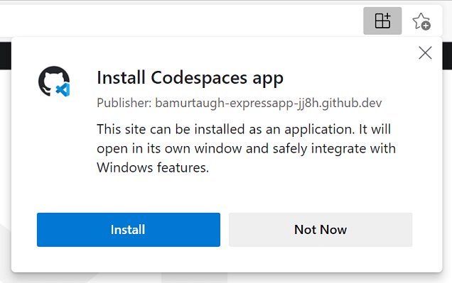 Installing Codespaces as PWA in Microsoft Edge