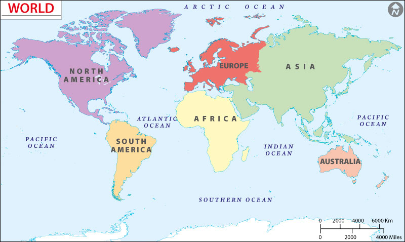 World Map Showing Continents And Oceans