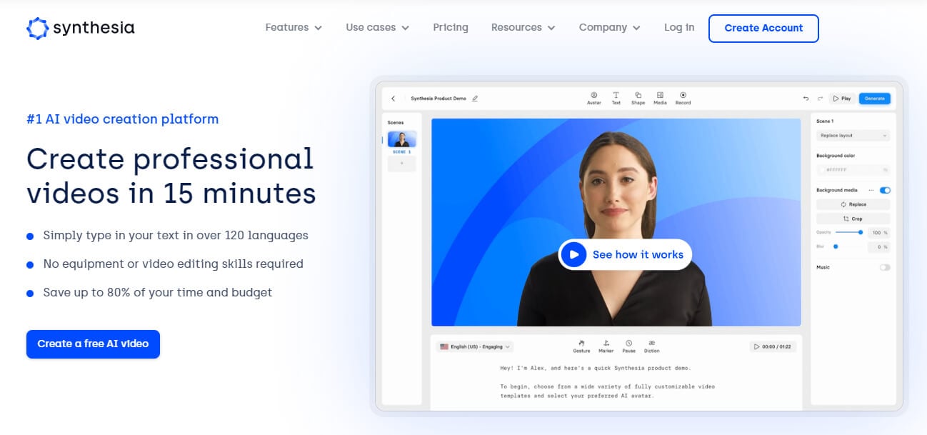 Synthesia ai video generator homepage