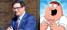 a man in a suit and tie next to a picture of peter griffin from family guy