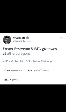 a tweet from vitalik.eth says easter ethereum and btc giveaway at ethersdrop.us