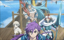 a group of anime characters standing on a boat