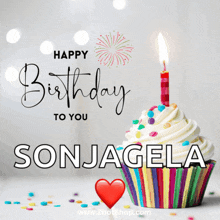 a birthday card for sonjagela with a cupcake with a lit candle