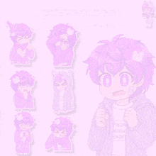 a light sticker pack with purple haired anime characters on a pink background