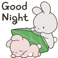 a cartoon rabbit is laying on a green leaf with the words good night above it