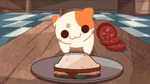 a cartoon cat is standing next to a sandwich on a plate on a table