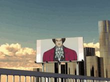 a billboard with a picture of a man in a red jacket on it