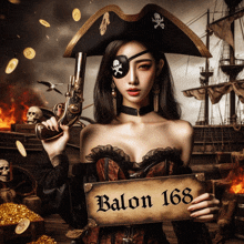 a woman dressed as a pirate holding a sign that says balon 168