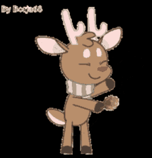 a cartoon of a reindeer wearing a scarf and holding a nut