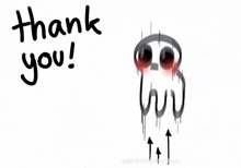 a drawing of a ghost with red eyes and headphones says thank you .