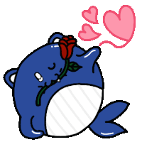 a blue whale holding a red rose in its mouth