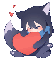 a girl with a fox tail is hugging a heart