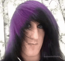 a man with purple and black hair is making a face .