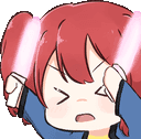 a cartoon girl with red hair is covering her eyes with her hands .