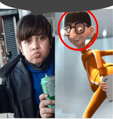 a boy holding a can next to a cartoon character with glasses