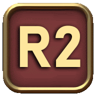 a red square with the letter r2 in gold