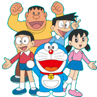 a group of cartoon characters including doraemon and nobita pose for a picture