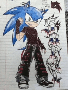 a drawing of sonic the hedgehog is on a piece of notebook paper