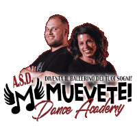 a man and a woman are standing next to each other in front of a logo for memevete dance academy