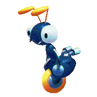 a blue and yellow cartoon ant with a yellow wheel on its back