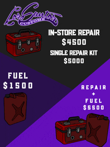 a purple and black advertisement for in-store repair for $ 4500