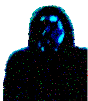 a silhouette of a person with a blue light coming out of their eyes