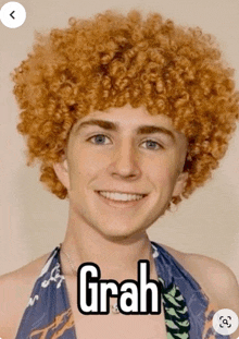 a young man with red curly hair and the word grah on the bottom of his face