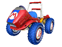 a red and blue toy car with a white m on the front