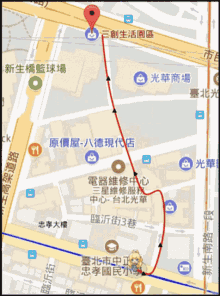 a map shows a red line going to a building with chinese writing on it