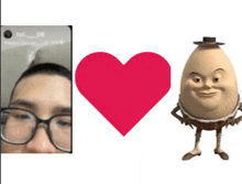 a man wearing glasses next to a cartoon egg