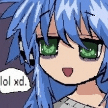 a pixel art drawing of a girl with blue hair and green eyes .