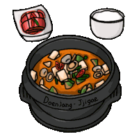 a cartoon drawing of a pot of doenjang jjigae