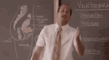 a man in a suit and tie is standing in front of a chalkboard and saying `` thank you '' .