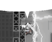 a black and white pixel art of a person standing in front of a wall