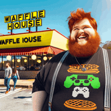 a man with a beard is standing in front of a waffle house restaurant